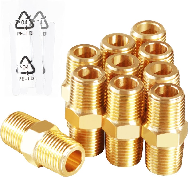 MSAEIQUN 10PCS 1/8 Inch Male Pipe x 1/8 Inch Male Pipe Solid Brass Threaded Straight Pipe Equal Diameter Pipe Hex Nipple Fittings Extension Connector Adapter Coupling for Pipe Line/Oil/Gas - Image 1